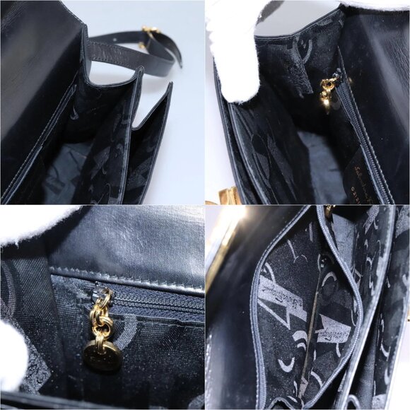 Salvatore Ferragamo Gancini Hand Bag Leather 2way Black Gold Auth MY114 - Picture 13 of 15